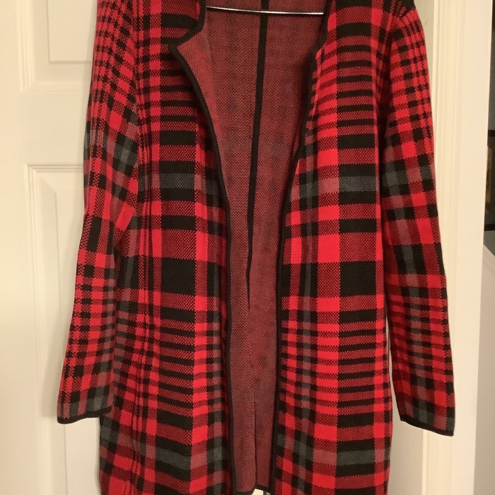 Talbots Red Plaid Long Open Front Cardigan Tunic Length, size X